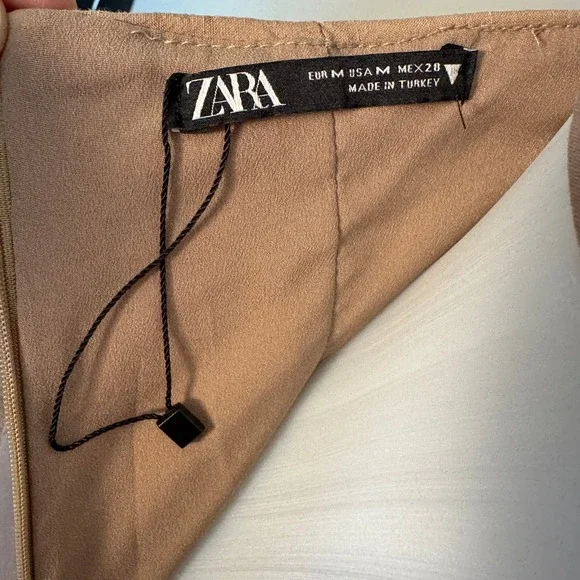 Zara Lattice Tie Back Linen Blend Midi Dress Beige/Tan Medium High Slit Cocktail - Picture 7 of 16